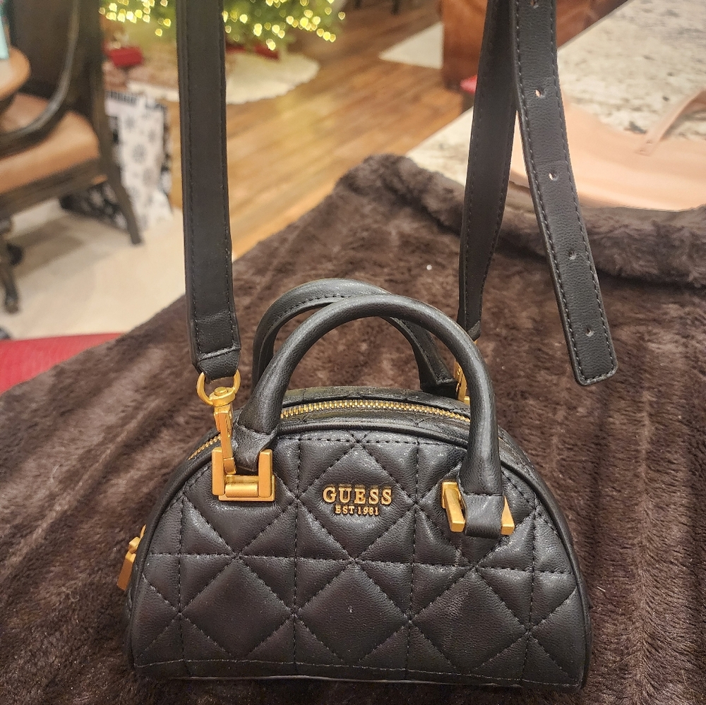 Guess Black Quilted Mini Bag with Gold Accents